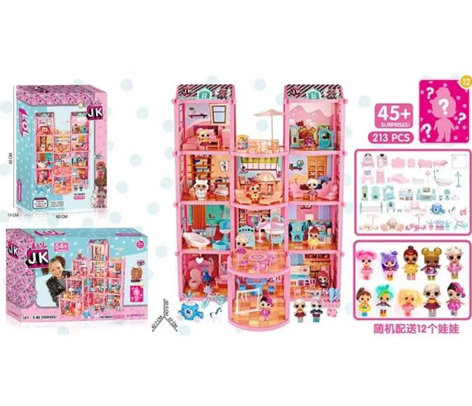 Кукольный каркасный домик розового цвета девчачий для куколок в наборе 247 деталей и 12 оригинальных куколок - фото 1 - id-p2037326122