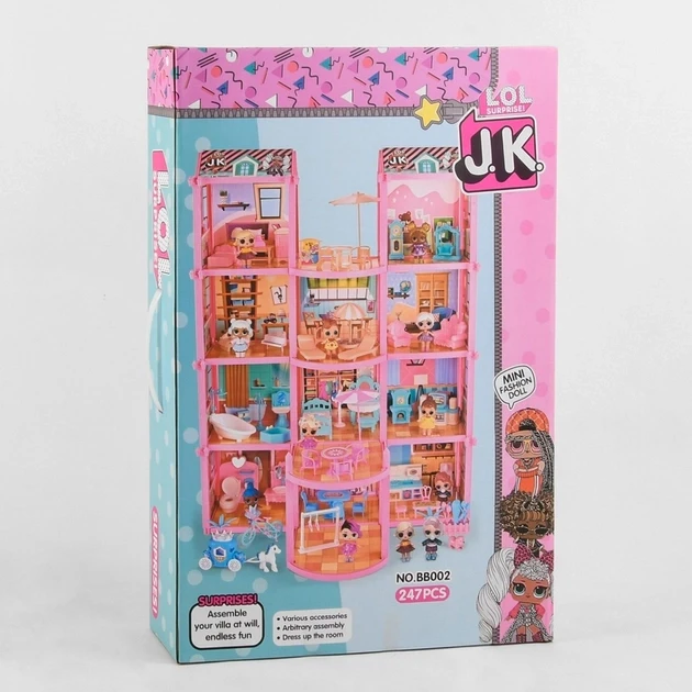 Кукольный каркасный домик розового цвета девчачий для куколок в наборе 247 деталей и 12 оригинальных куколок - фото 2 - id-p2037326122