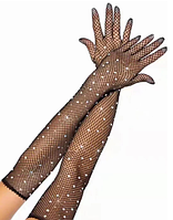 Женские карнавальные оперные перчатки сетка черные со стразами