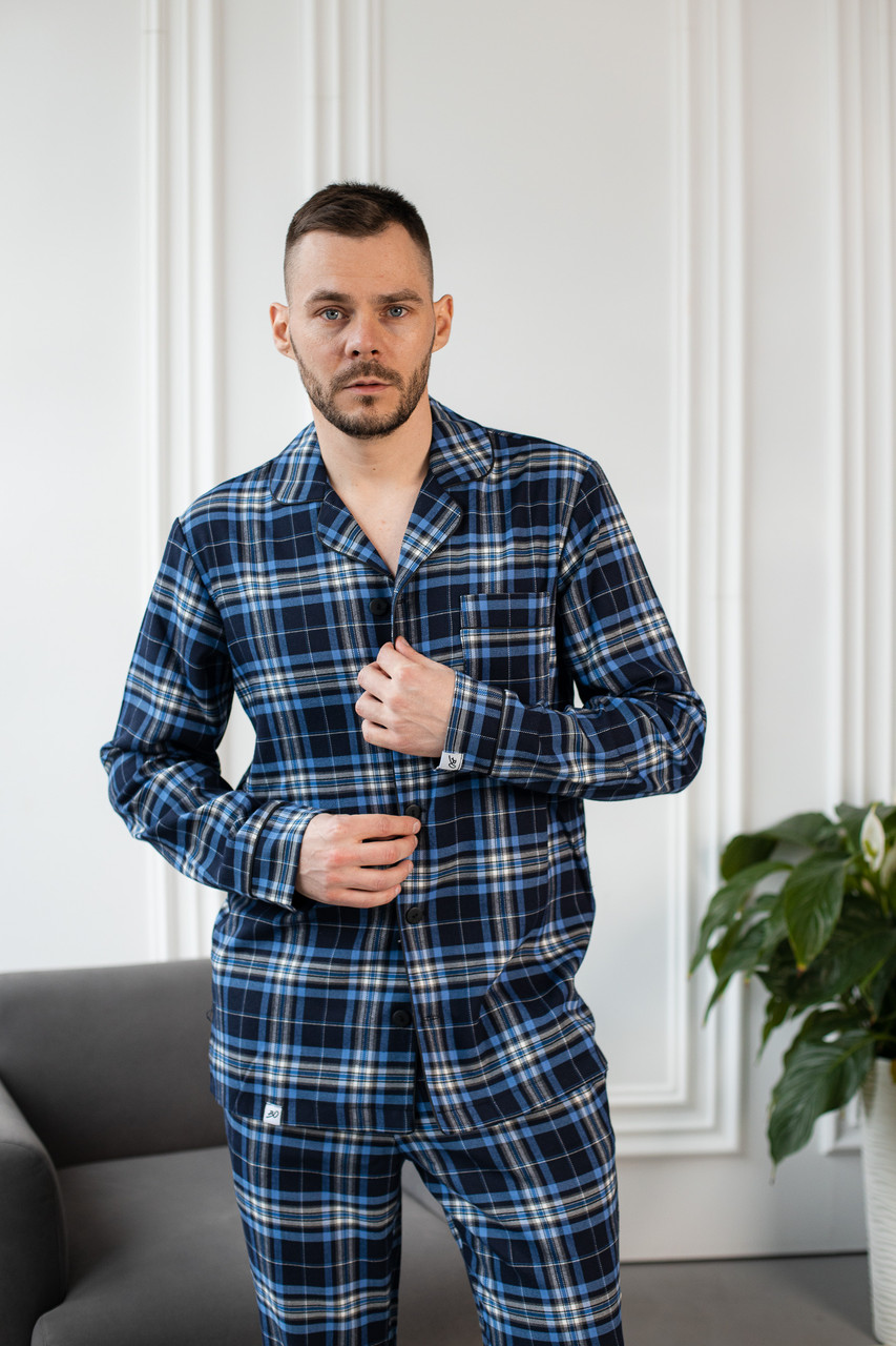 Піжама чоловіча КОТОН сорочка і штани КЛІТИНКА СИНЬО-ГОЛУБА BRAND 201109, фото 1