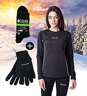 Термобелье зимнее женское Columbia на флисе черная, комплект нательного белья + термоноски и перчатки флисовые