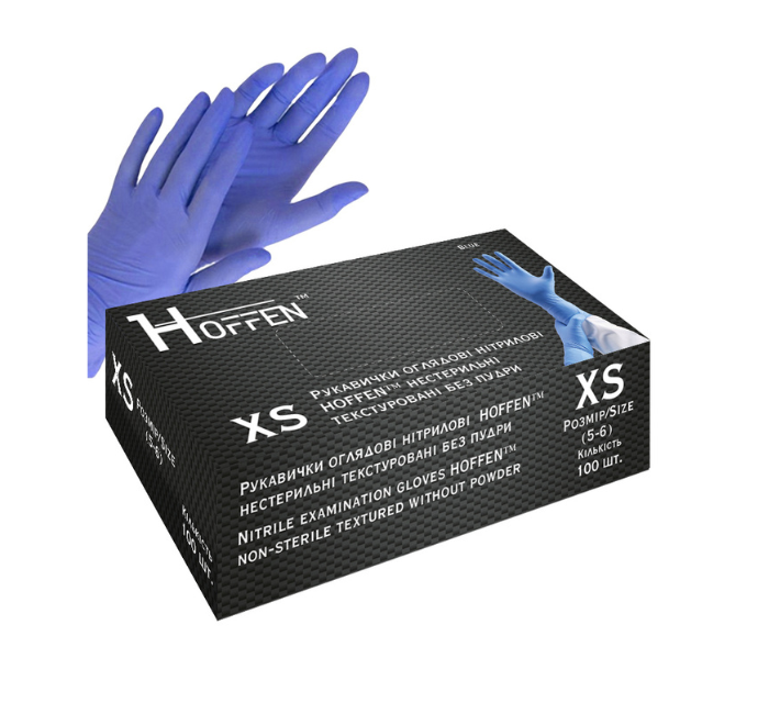Рукавички нітрилові р. XS. Hoff Medical 100 шт\уп блакитні текстура на пальцях, фото 1