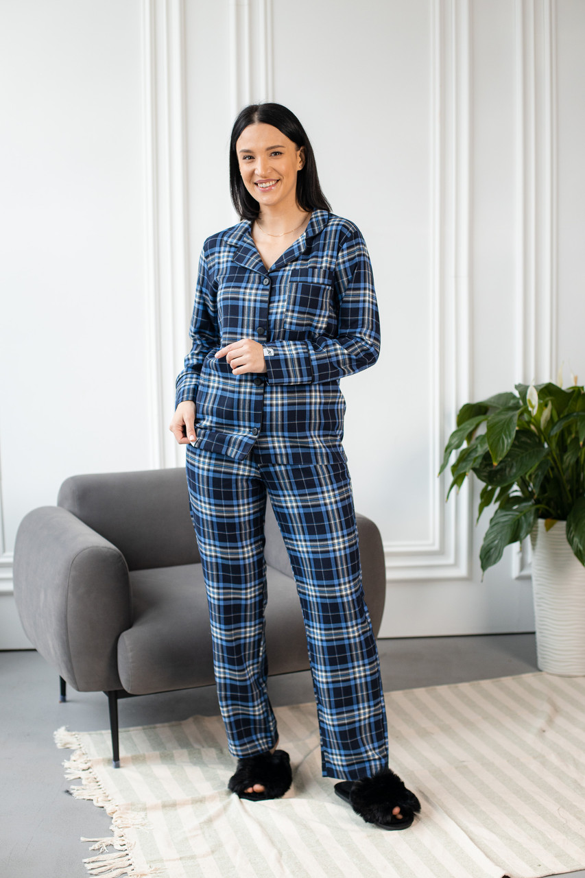 Жіноча піжама сорочка+штани СИНЯ КЛІТИНКА котон BRAND 202004, фото 1