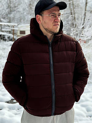 Пуховик чоловічий короткий бордовий зимова куртка пух тепла з капюшоном
