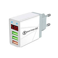 Мережевий зарядний пристрій на 3 гн.usb+ lcd, qc3.0 3A, білий