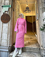 Платье с пояском свободного кроя, плотный дорогой рубчик, Длина 130 см, аутфит, чтобы стильно пережить холодны рожевий 1