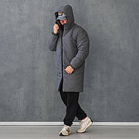 Зимняя мужская куртка парка длинная с капюшоном, теплый пуховик мужской удлиненный, пальто-куртка серая