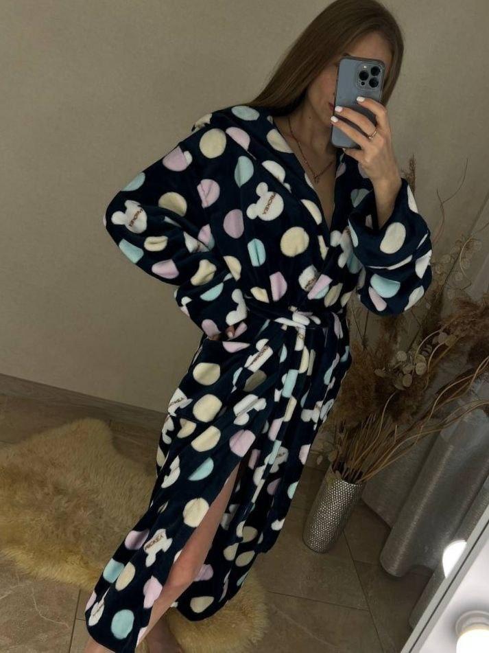 Жіночий домашній халат із капюшоном махровий халат синього кольору з мікі маус, фото 1