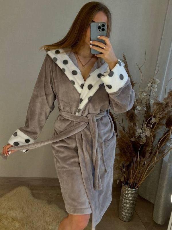 Шикарний махровий халат із капюшоном беж із горохом, фото 1