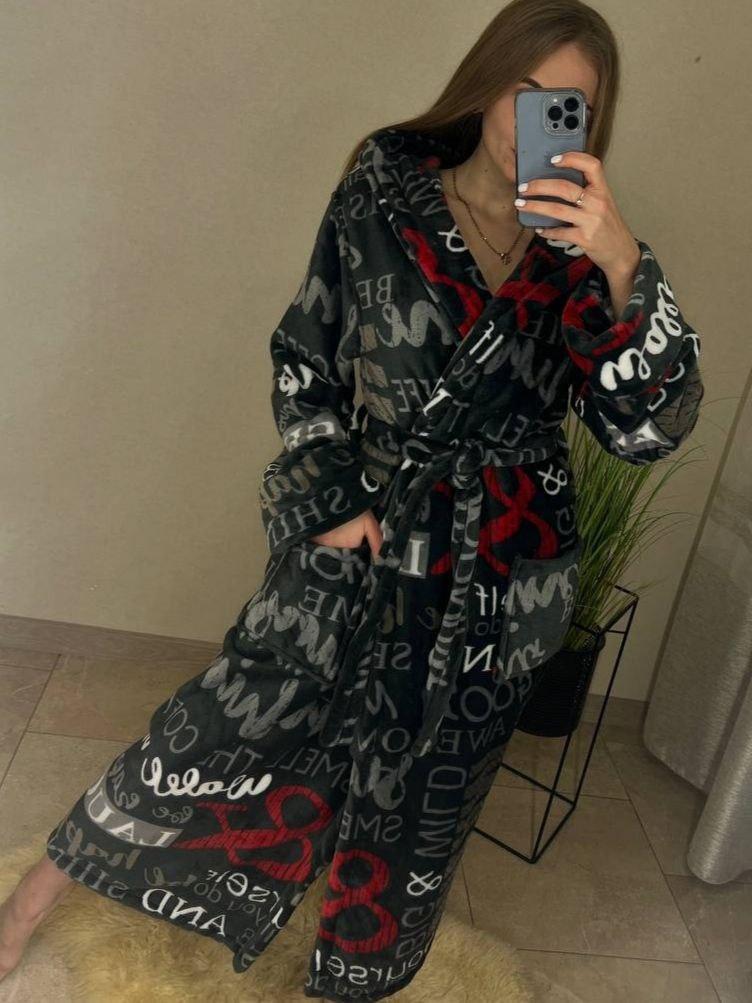 Халат теплий махровий жіночий чорний із написами, фото 1