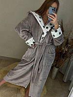 Женский домашний махровый бежевый халат длинный с поясом