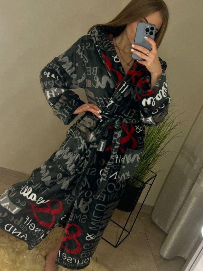 Халат теплий махровий жіночий чорний із написами