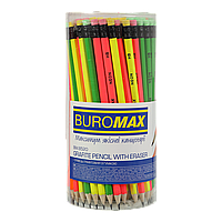 Олівець графітовий BUROMAX NEON, НВ, з гумкою, асорті