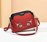 Жіноча міні сумочка клатч з вишивкою маленька смуга на плече з квітками Червоний Adwear