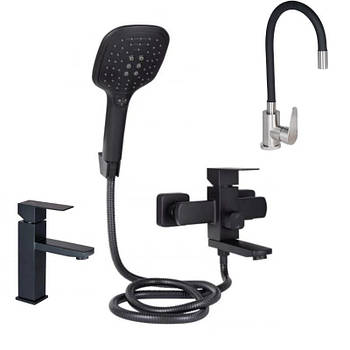 Набір Lidz 3в1 змішувач для ванни короткий вилив змішувач на умивальник низький і кран для кухні