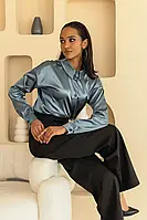 Шелковая рубашка женская с длинным рукавом классическая с разрезами по боках цвет графит