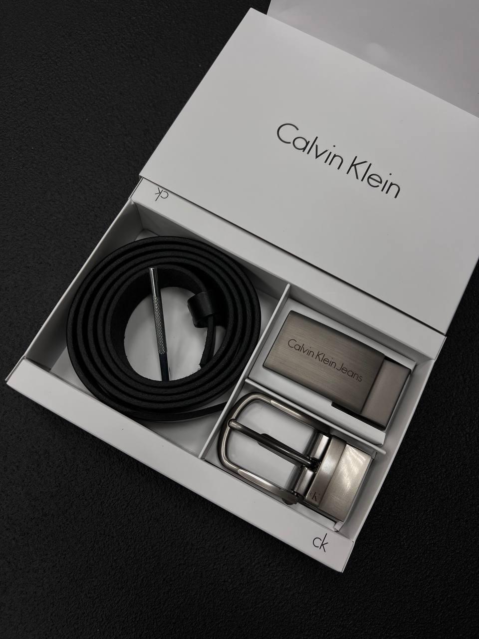 Чоловічий подарунковий набір Calvin Klein ремінь із двома пряжками з натуральної шкіри Сірий