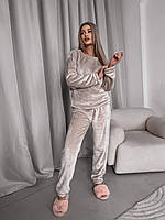 Женский домашний костюм теплый с брюками махровый на запах серый, бежевый, розовый, голубой 42-44, 46-48,50-52 Бежевий, L