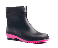 Женские резиновые полусапоги черные на розовой подошве ботинки обувь женская демисезонные кожаные зимние