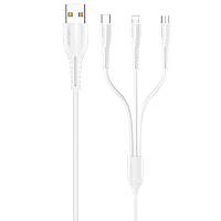 Зарядный кабель Apple Lightning + microUSB + Type-C 1 метр белый / Зарядный кабель лайтнинг / Зарядный кабель