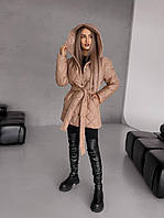 Женская удлиненная стеганная куртка демисезонная на кнопках + пояс осень-весна S-M, L-XL Бежевый, L/XL