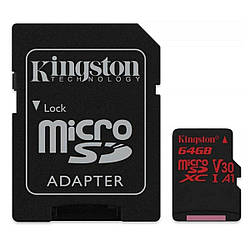 MicroSDXC (UHS-1 U3) Kingston Canvas React 64Gb class 10 (R100MB/s, W80MB/s) (adapter SD)