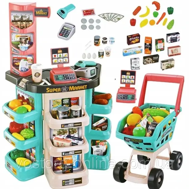 Дитячий ігровий набір "Домашній супермаркет" з візком 668-77; прилавк; каса; сканер; візок