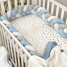 Бортик коса захист для дитячого ліжечка, довжина 220 см, велюр білий сірий меланж яскраво-блакитний топ