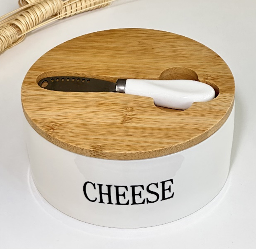 Сирниця керамічна з бамбуковою кришкою та ножем "Cheese", Білий