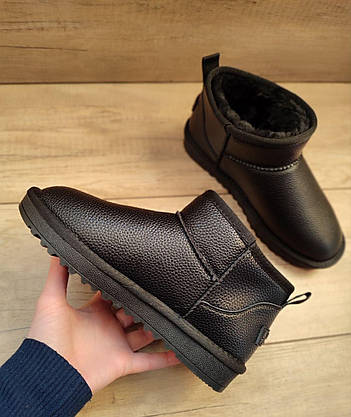 Ugg угги ЧЕРНЫЕ мини кожаные натуралки низкие (h=11.5) теплые зима унисекс, фото 4