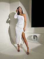 Женское элегантное бархатное длинное платье с разрезом с открытым плечом один рукав 42-44 44-46 белый