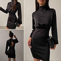 Жіноче чорне елегантне шовкове приталене коротке шовкове плаття з відкритою спиною