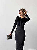 Жіноче стильне дизайнерське плаття завдовжки міді з ефектним вирізом по спинці, довгий рукав, тканина велюр