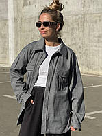 Женская осенняя плотная кашемировая однотонная oversize рубашка на кнопках универсальный размер 42-46 серый