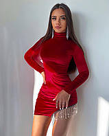 Женское элегантное нарядное приталенное бархатное платье мини с длинным рукавом с бахромой из страз Красный,