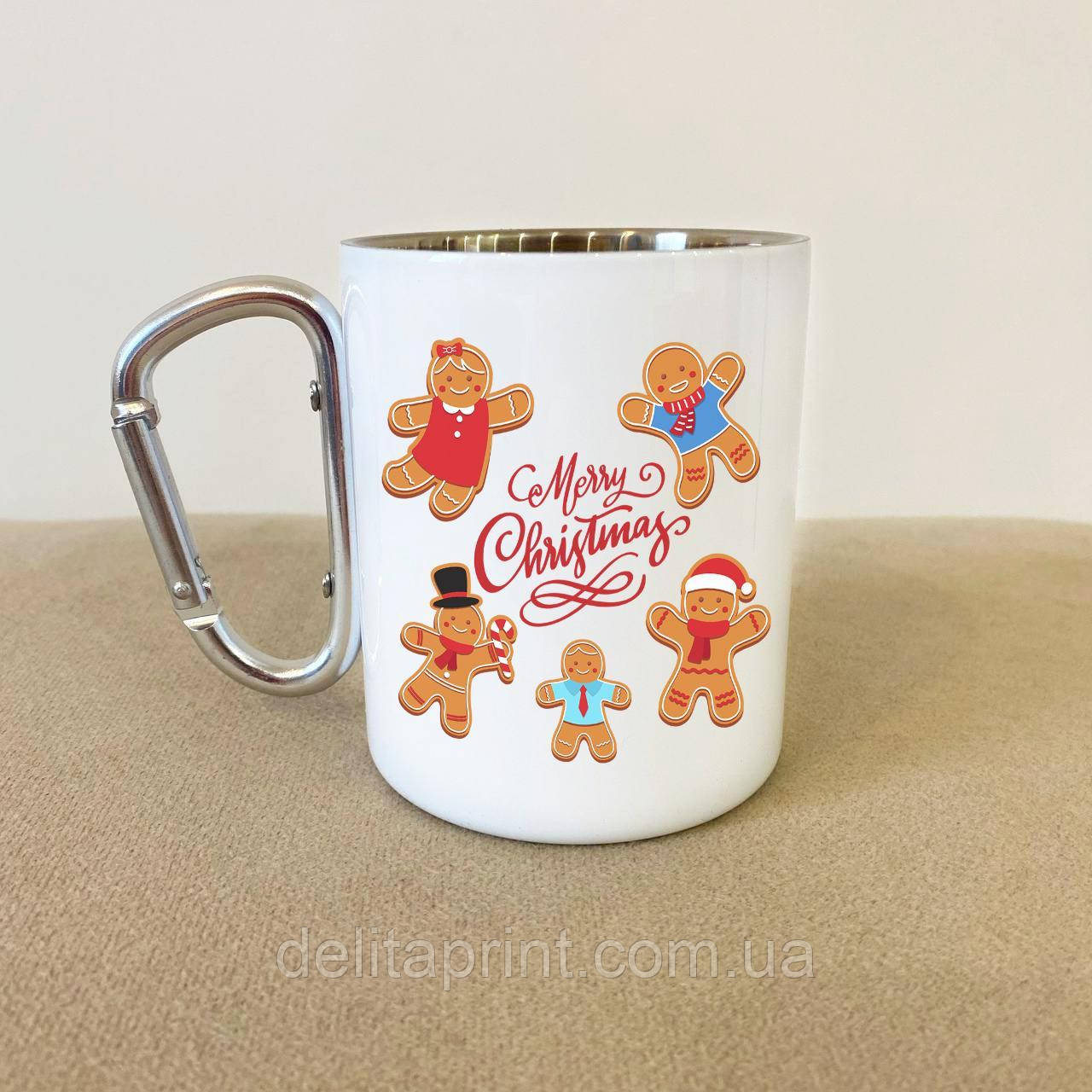 Кружка металева з карабіном "Merry Christmas" 300 мл Біла, фото 1