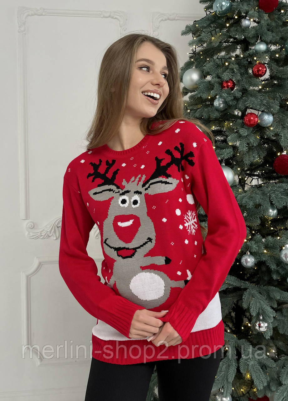Теплый женский свитер с оленями красный Мерлини 110001084, размер 42-46 (S-L) - фото 4 - id-p2037786307