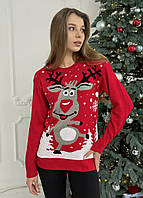 Теплый женский свитер с оленями красный от украинского производителя 110001084, размер 42-46 (S-L)