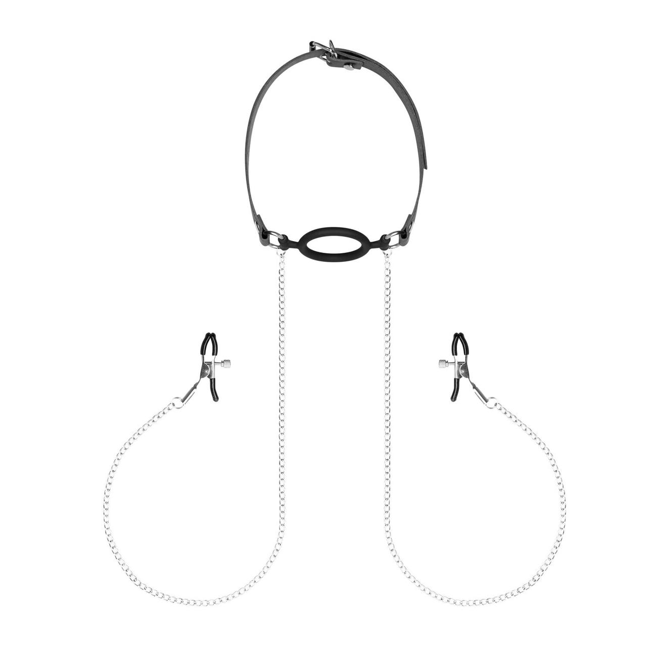 Затискачі з кляпом для сосків Bedroom Fantasies: Nipple Clamps & Silicone Gag Ring, фото 1