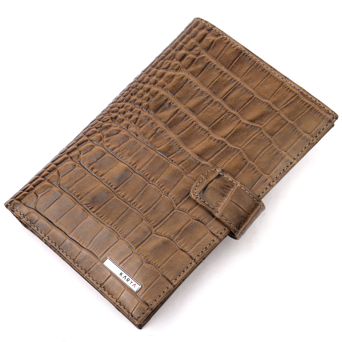 Незвичайне чоловіче портмоне з хлястиком з натуральної шкіри з тисненням під крокодила KARYA 21196 Світло-коричневий, фото 1