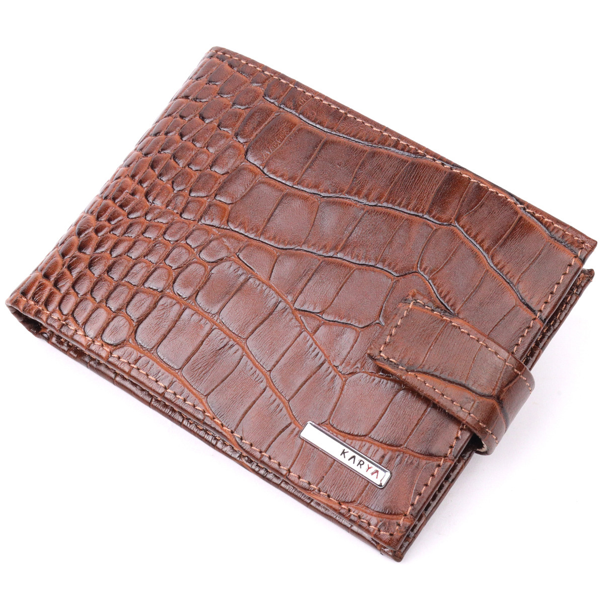 Цікавий чоловічий гаманець із натуральної шкіри з тисненням під крокодила KARYA 21202 Коричневий