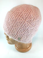 Шапка женская вязаная Ангоровая зимняя теплая с отворотом украшением модные Шапки с узором Флис Розовая