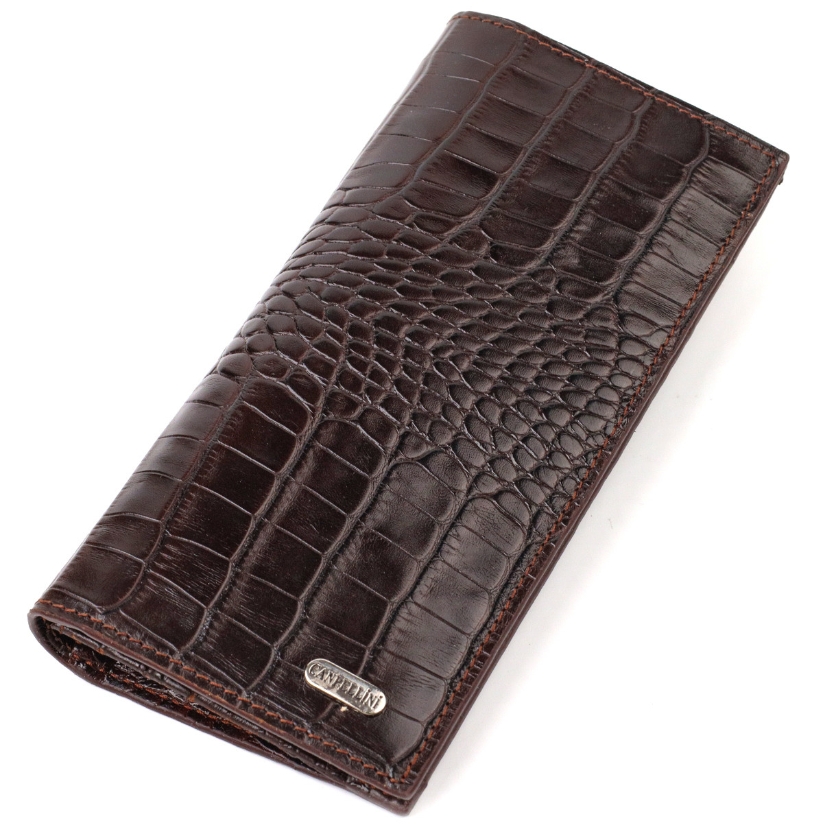 Практичний чоловічий вертикальний гаманець із натуральної шкіри з тисненням під крокодила CANPELLINI 21907 Коричневий