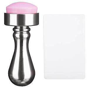 Штамп для стемпинга силіконовий рожевий зі скребком з металевою ручкою сріблястою