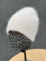 Женская зимняя шапка из ангорки "Мелания" лопатка двойная с отворотом (Размер 55-59), Белая