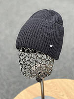 Женская зимняя шапка из ангорки "Мелания" лопатка двойная с отворотом (Размер 55-59), Черная