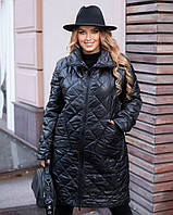 Жіноча куртка-пальто осінь — зима на синтепоні великих розмірів 42-44 46-48 50-52 54-56 чорна