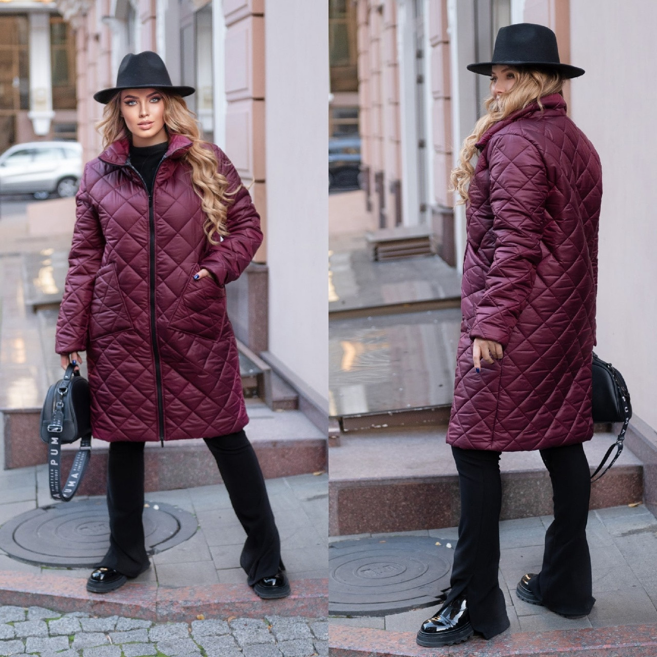Жіноча куртка-пальто осінь — зима на синтепоні великих розмірів 42-44 46-48 50-52 54-56 бордова