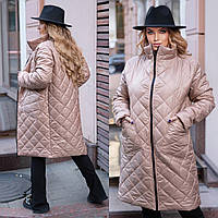 Жіноча куртка-пальто осінь — зима на синтепоні великих розмірів 42-44 46-48 50-52 54-56 бежеве