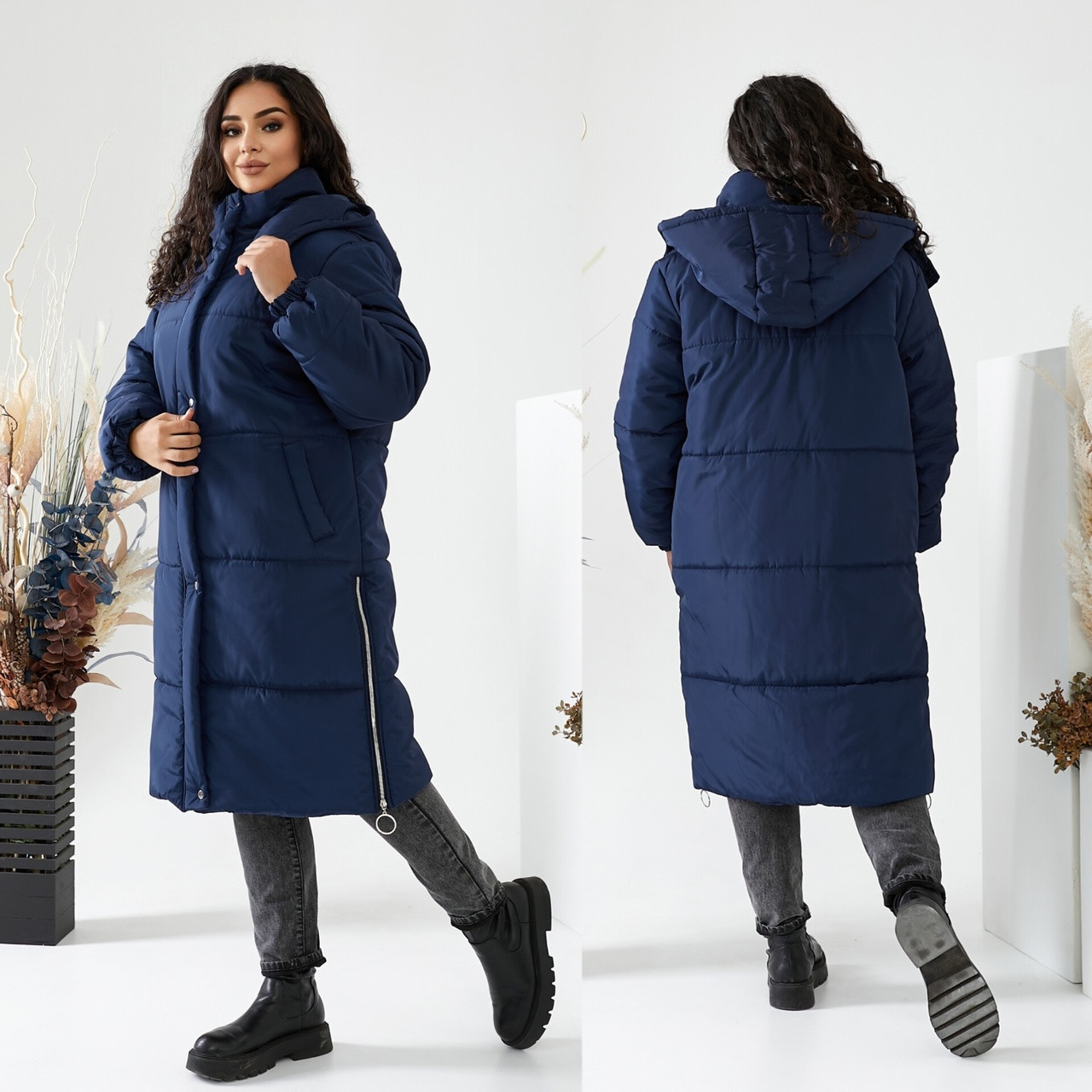 Жіноча подовжена зимова куртка- пальто з капюшоном Розміри 42, 44,46,48, 50, 52 синя
